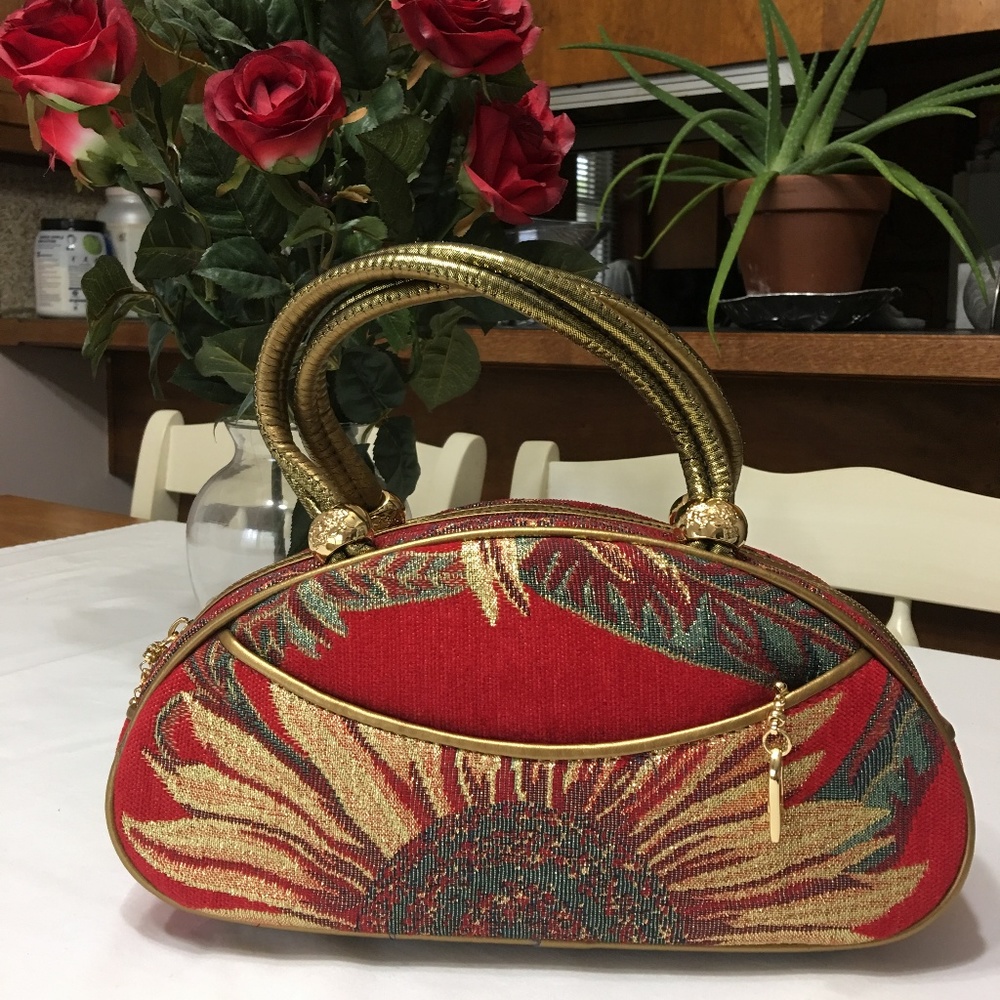 Stylish Red & Gold Brocade Handbag